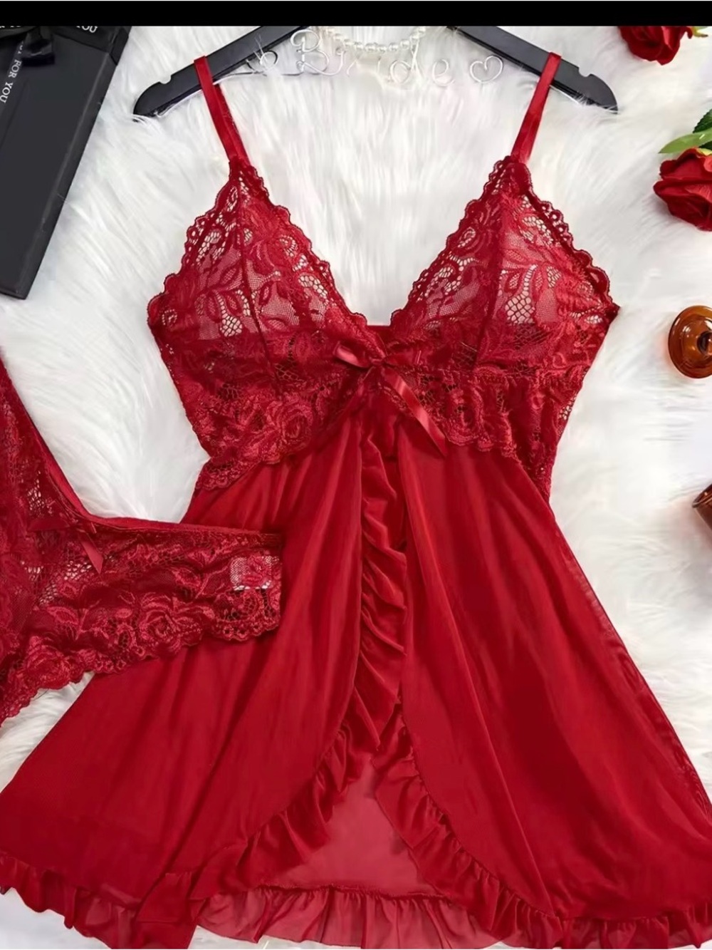 Red Lace & Chiffon Babydoll Chemise - Women Intimates